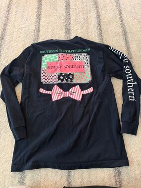 Simply Southern Navy Long Sleeve Tee with Pink Striped Bow & Green Accents